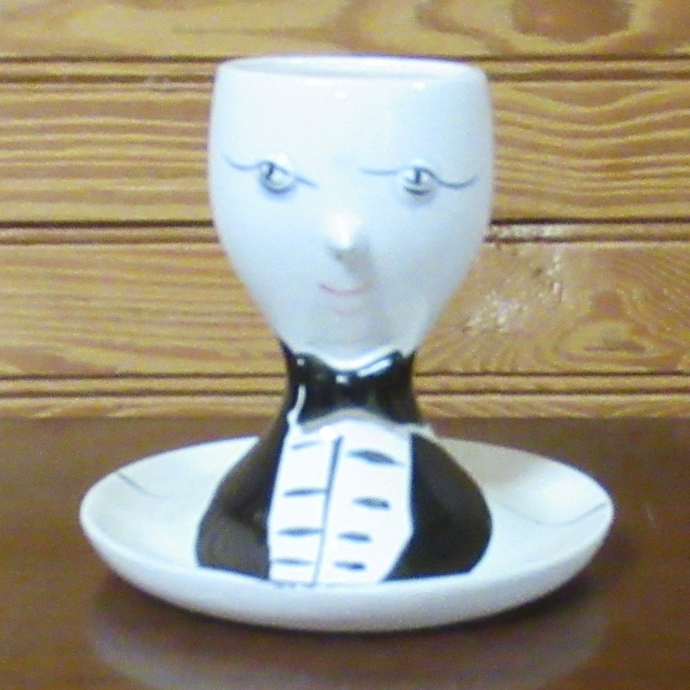 Vintage Napco? Egg Cup w/ flared Lip Dish Man Face Tuxedo Eyes Groom